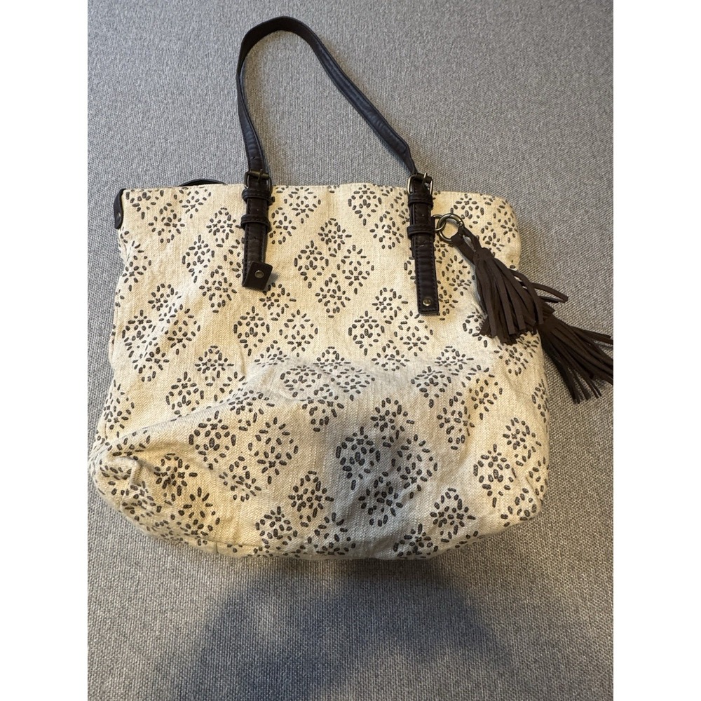 Lucky Brand Tote Bag Cotton Linen Canvas Tassels Dbl Handles Striped‎ Shoulder - Picture 6 of 12